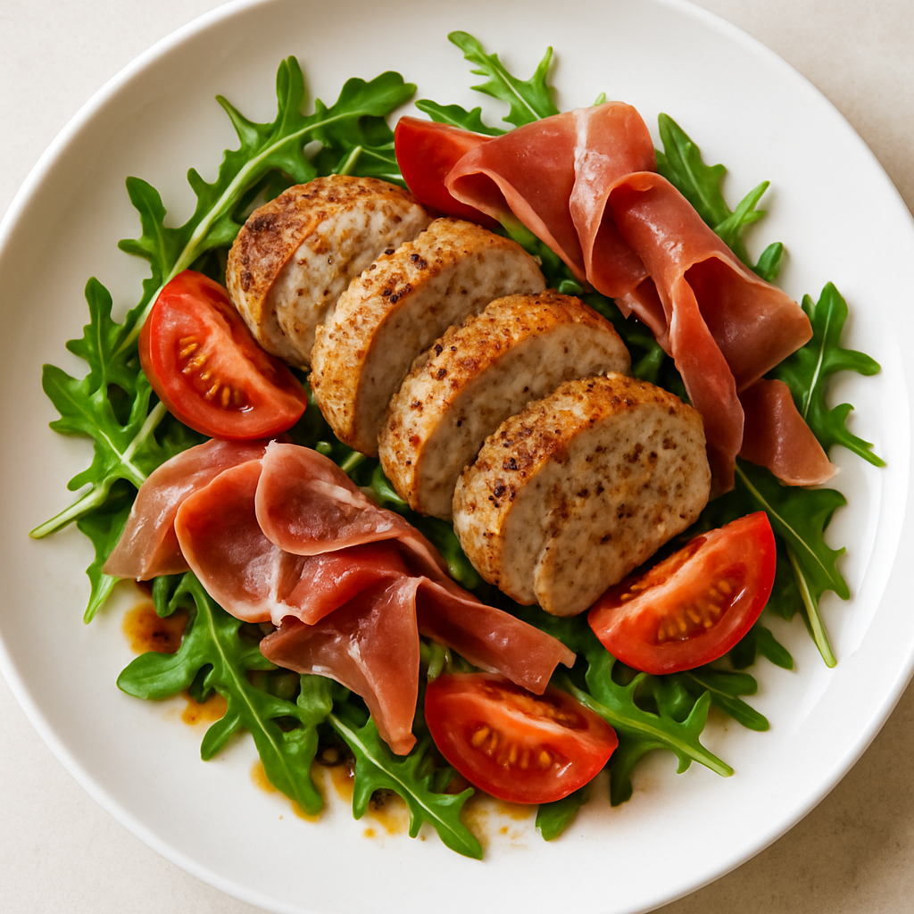 Cerdo Con Rúcula, Prosciutto Y Tomates