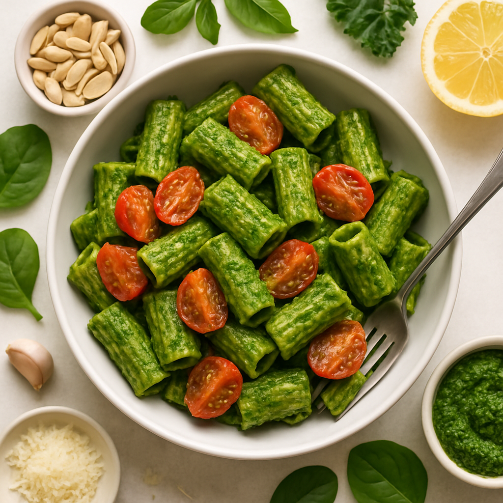 Rigatoni Saludable con Pesto de Espinaca y Tomates Salteados