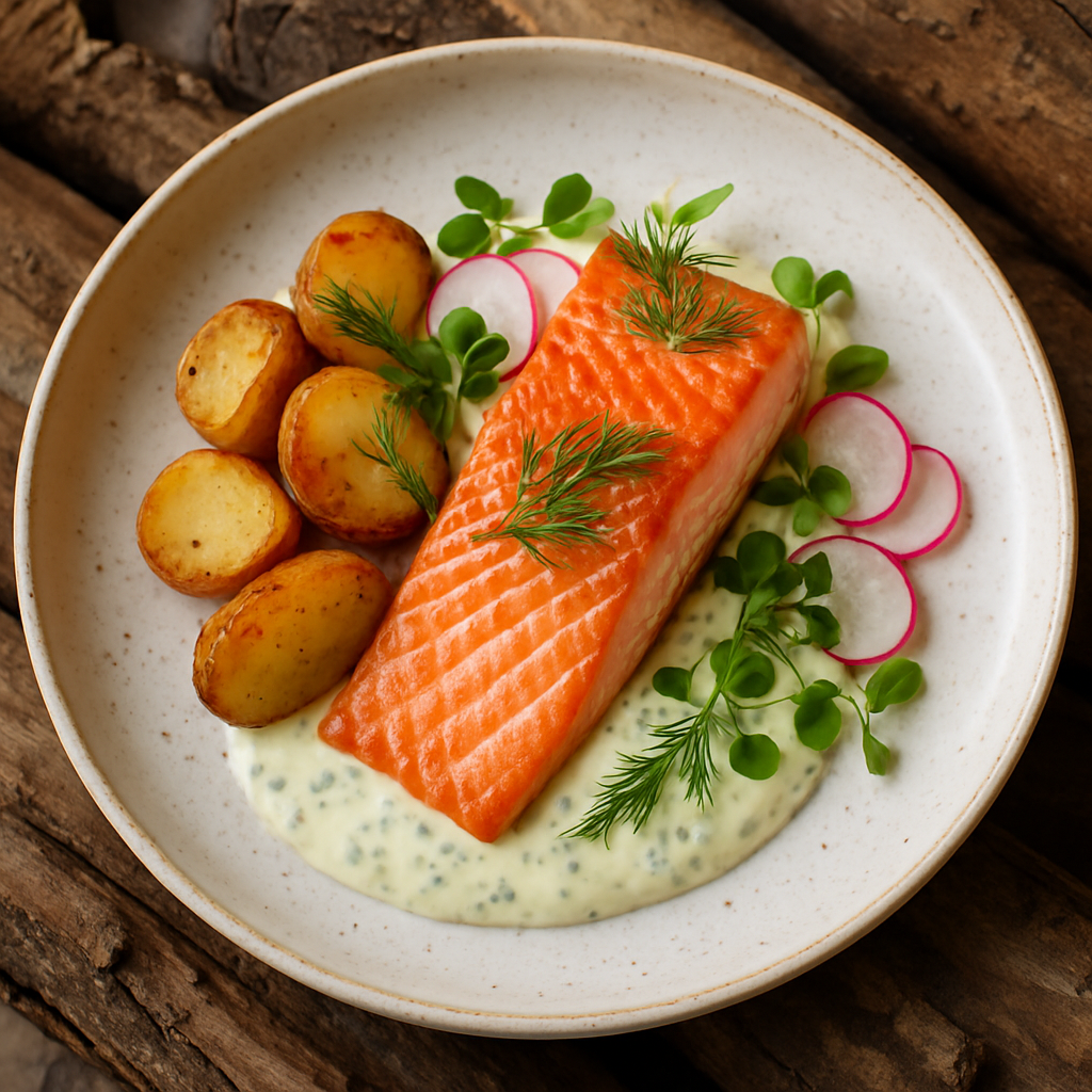 Roasted Salmon with Potatoes and Herbed Crème Fraîche