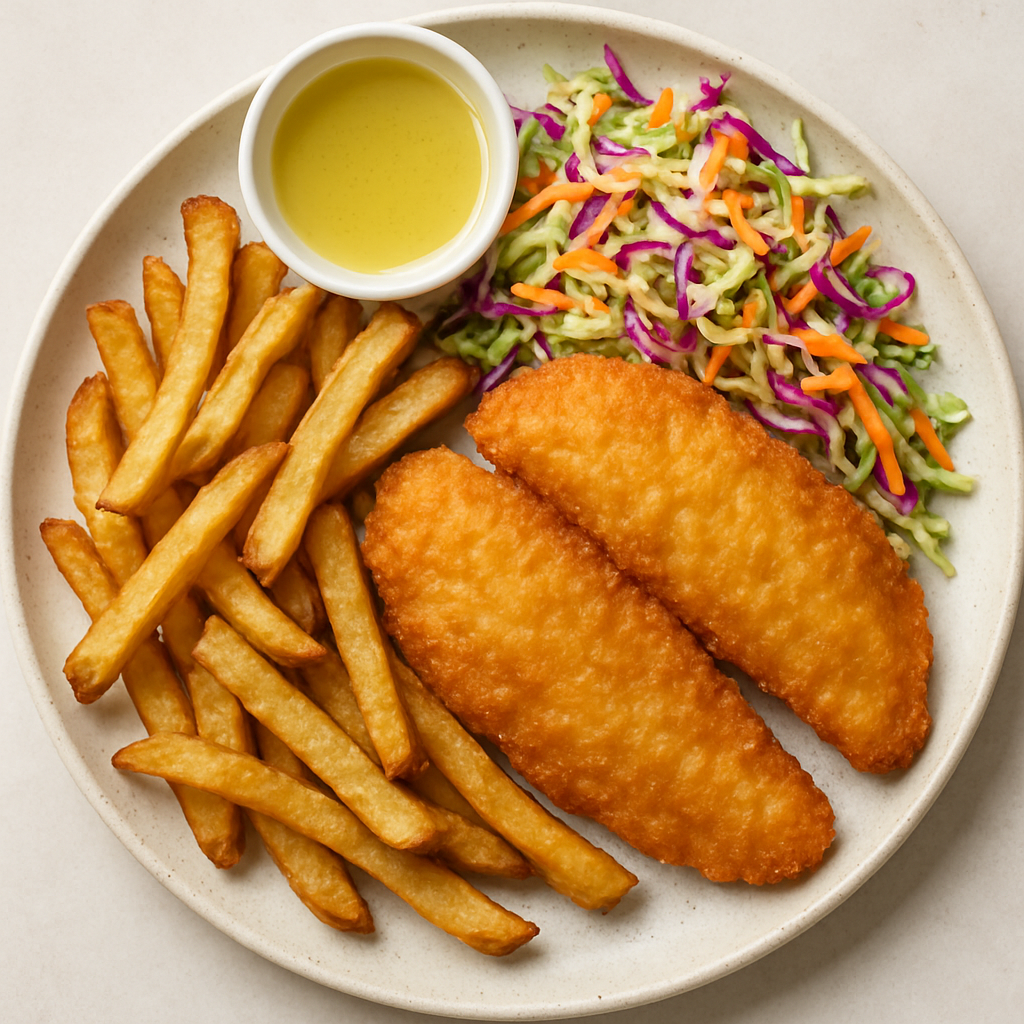 Tilapia Fish and Chips with Crunchy Coleslaw
