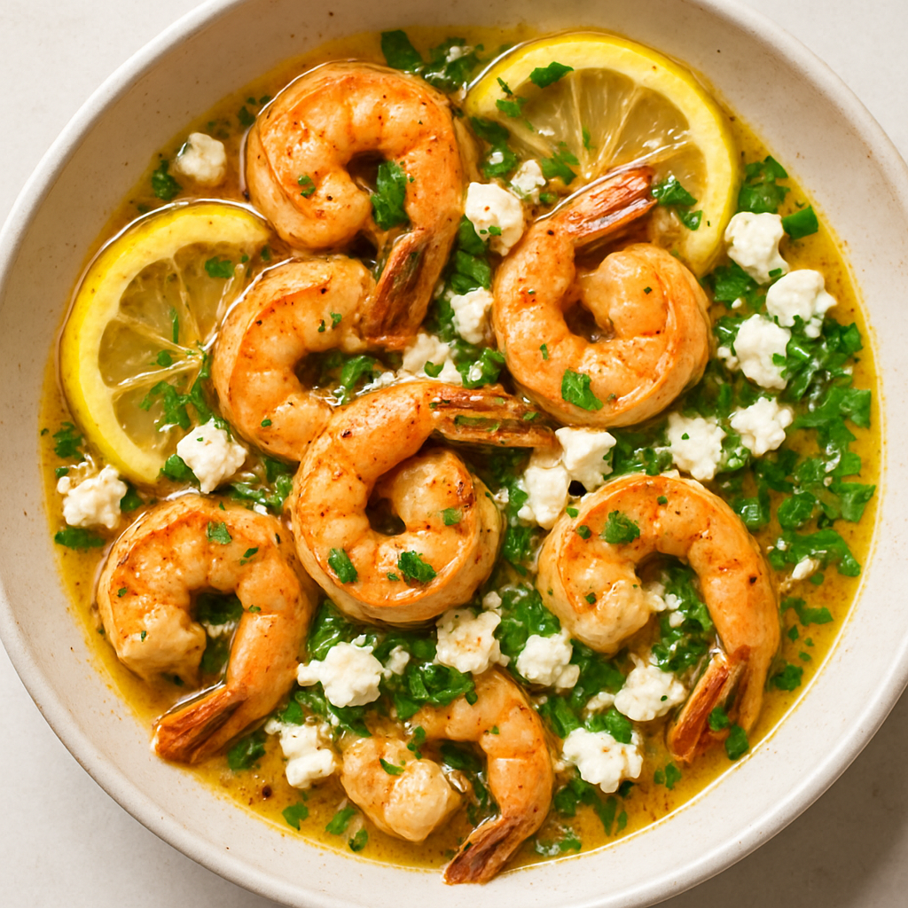 Camarones con Limón, Chile, Ajo y Queso Feta