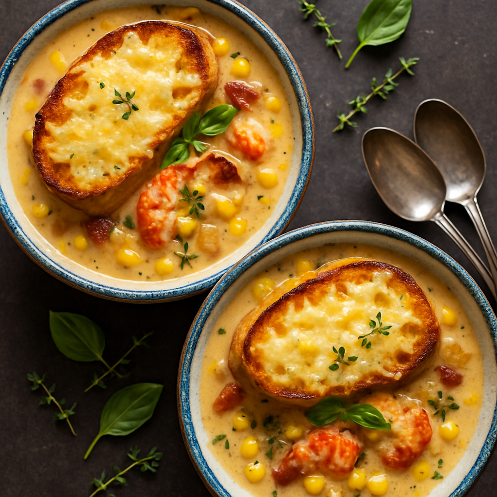 Sopa de Cebolla Francesa con Maíz, Langosta y Tostadas de Gruyère de Finales de Verano