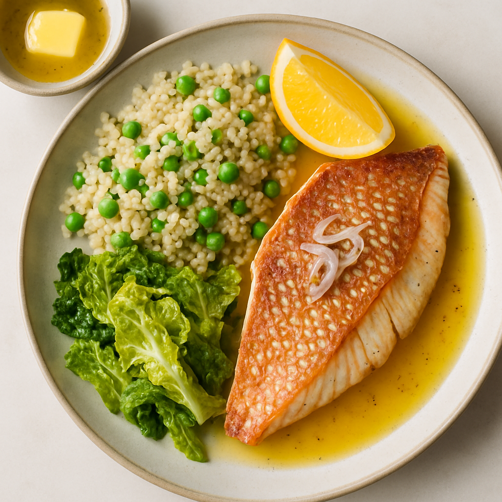 Pescado Cítrico de John con Col Rizada, Cuscús y Guisantes con Cebolletas