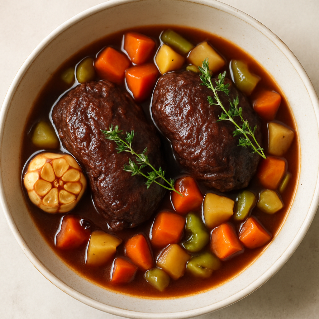 Mejillas de Res Braseadas con Vino Tinto y Verduras de Raíz