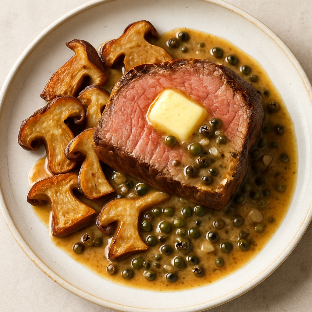 Solomillo de Res Asado con Mantequilla de Porcini y Salsa de Pimienta Encurtida