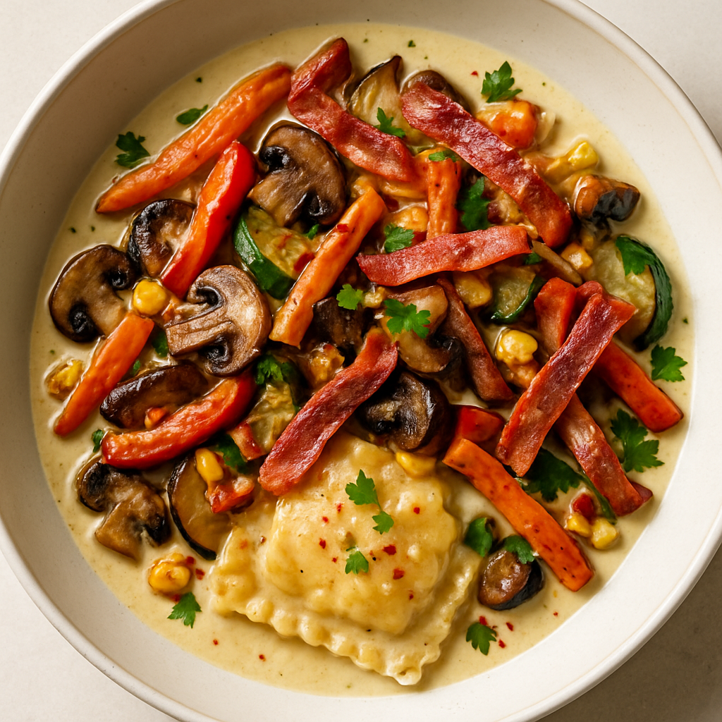 Roasted Vegetable Ravioli with Crispy Pancetta
