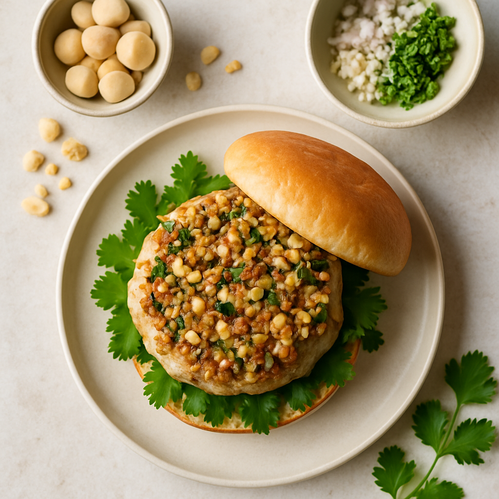 Hamburguesas de Pollo de Asia Sudoriental con Costra de Macadamia y Anacardo
