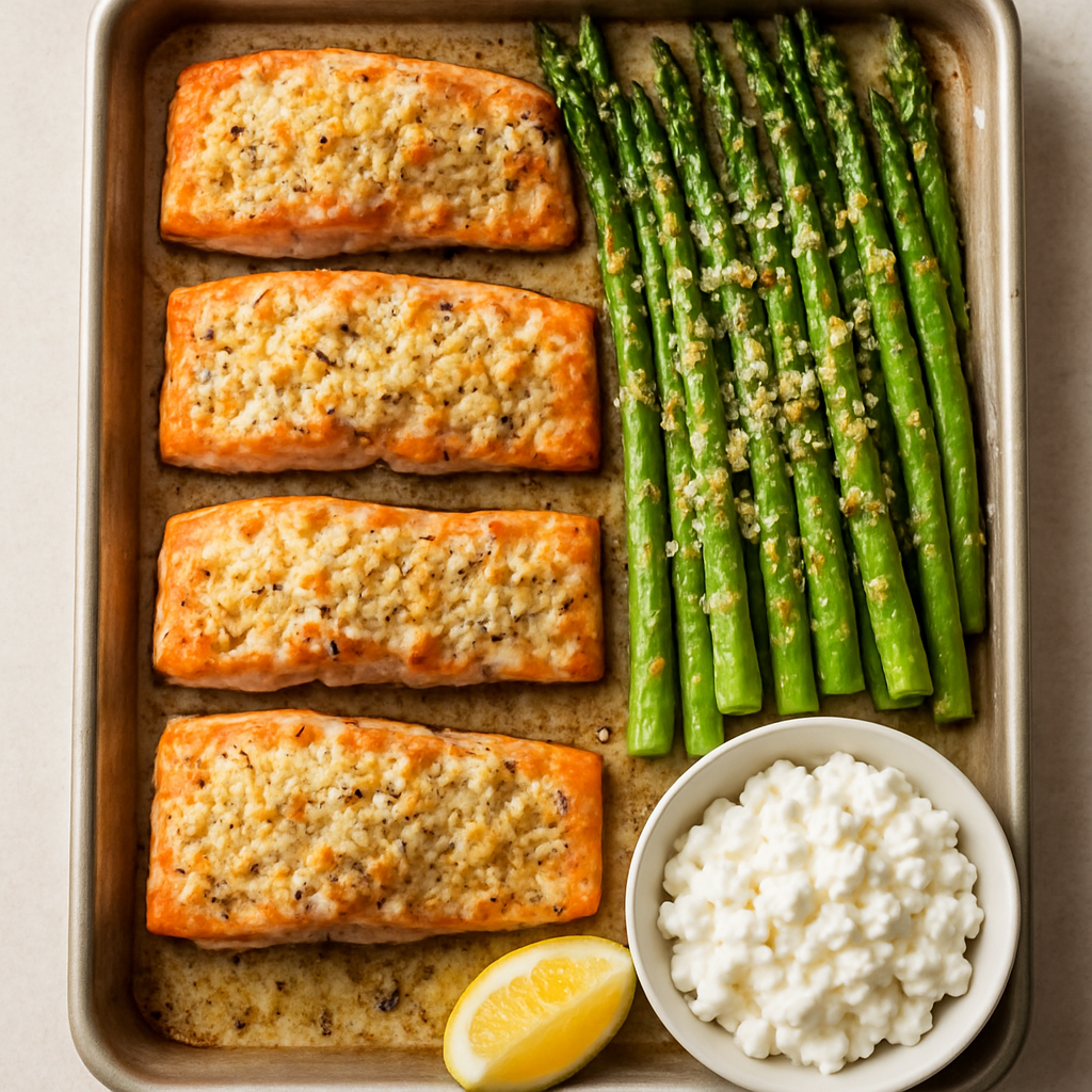 Salmón y Espárragos Parmesano y Ajo en Una Sartén