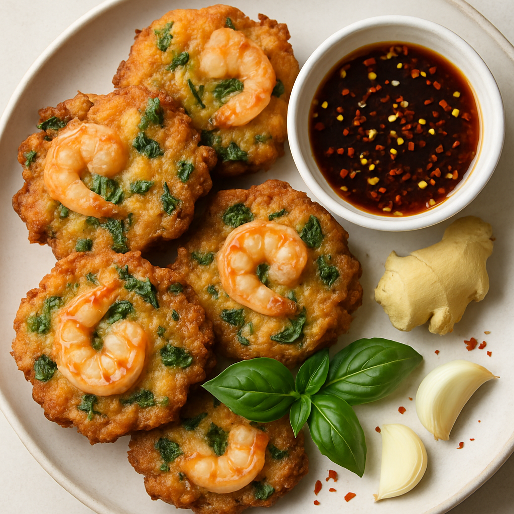 Buñuelos de Camarones con Albahaca Tailandesa