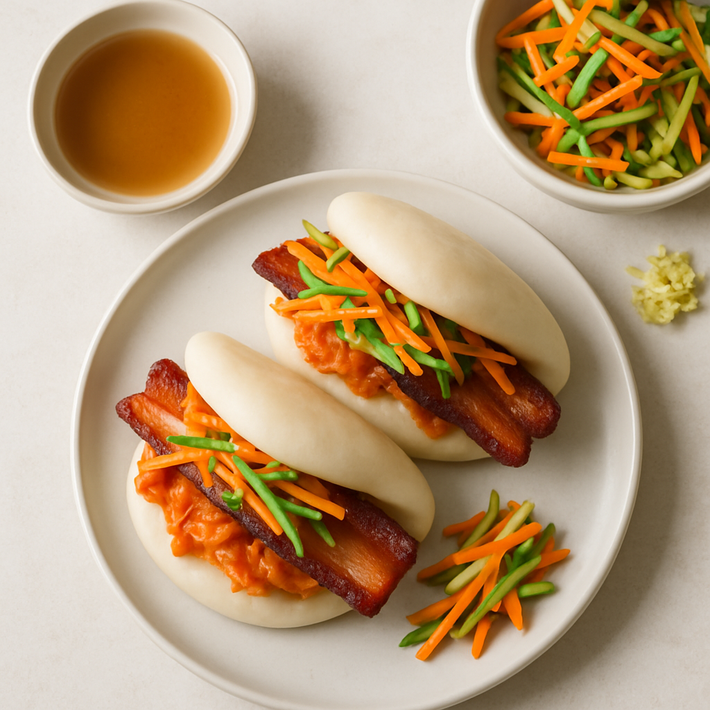 Bacon and Kimchi Steamed Buns with Carrot and Cucumber Slaw