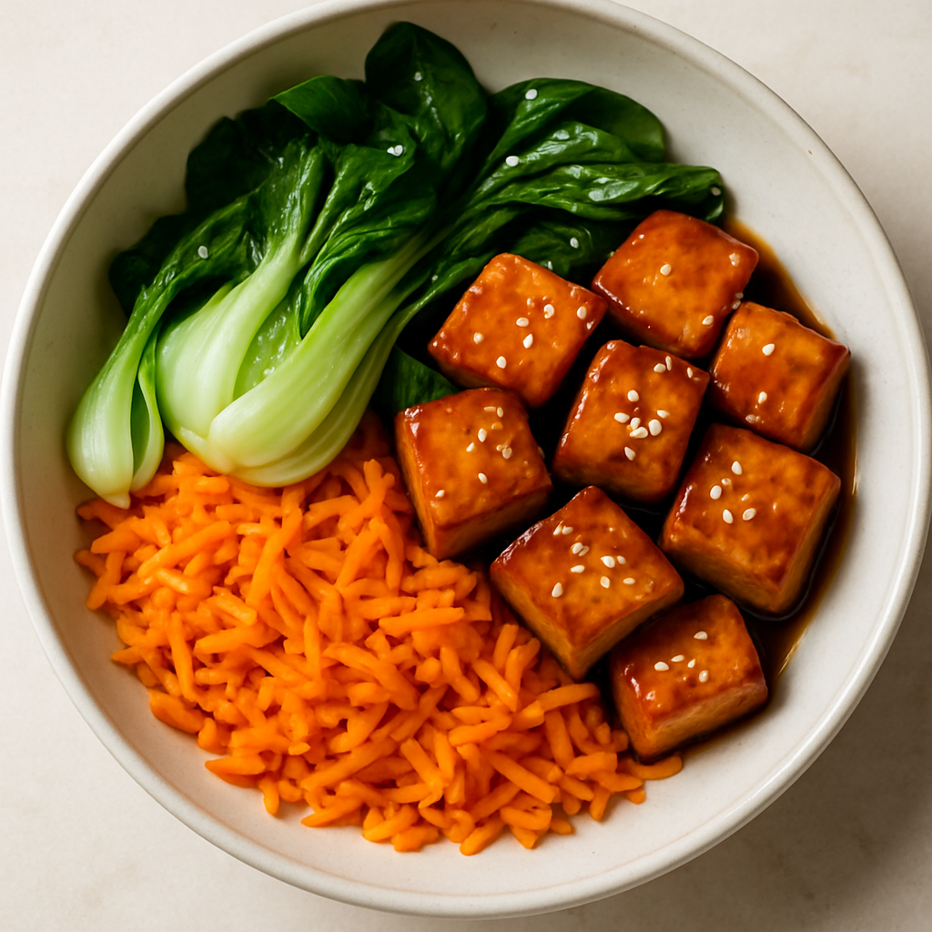 Honey Ginger Tofu and Carrot Rice with Bok Choy