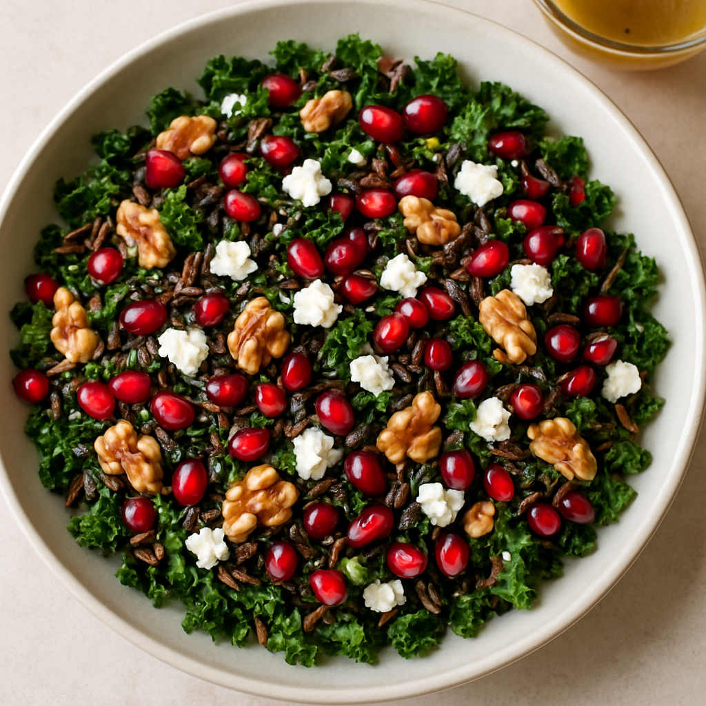 Pomegranate, Kale, and Wild Rice Salad with Walnuts and Feta