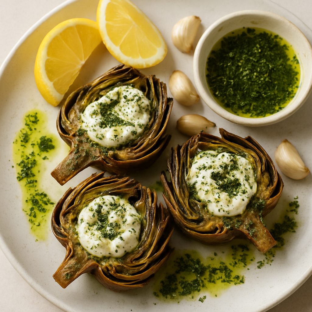 Alcachofas Rellenas y Asadas con Aceite de Menta