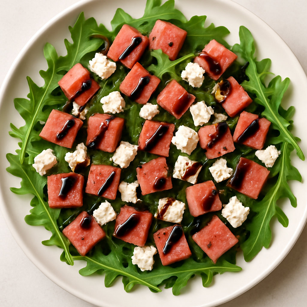 Watermelon, Feta, and Arugula Salad with Balsamic Glaze