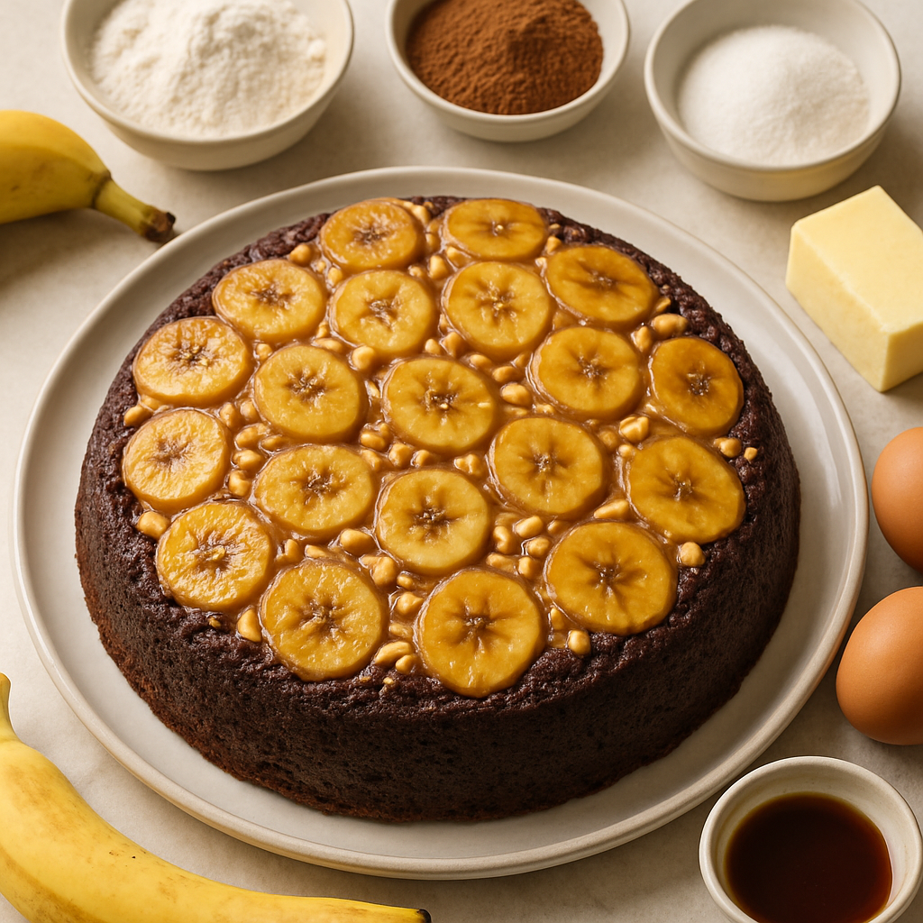 Pastel Invertido de Chocolate, Mantequilla de Cacahuete y Plátano