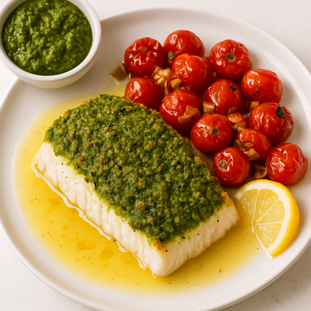 Mahi-Mahi con Costra de Pesto, Tomates Tostados y Salsa de Limón y Mantequilla