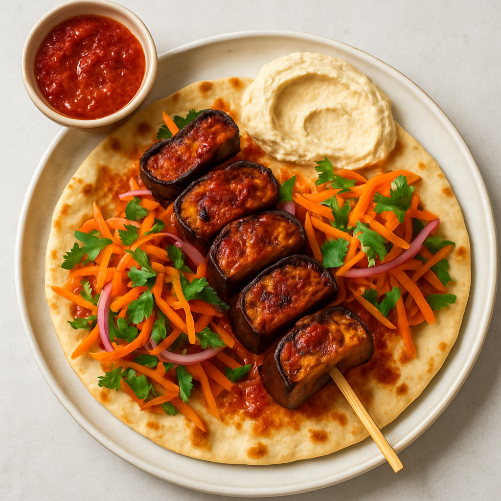 Harissa Aubergine Kebabs with Minty Carrot Salad