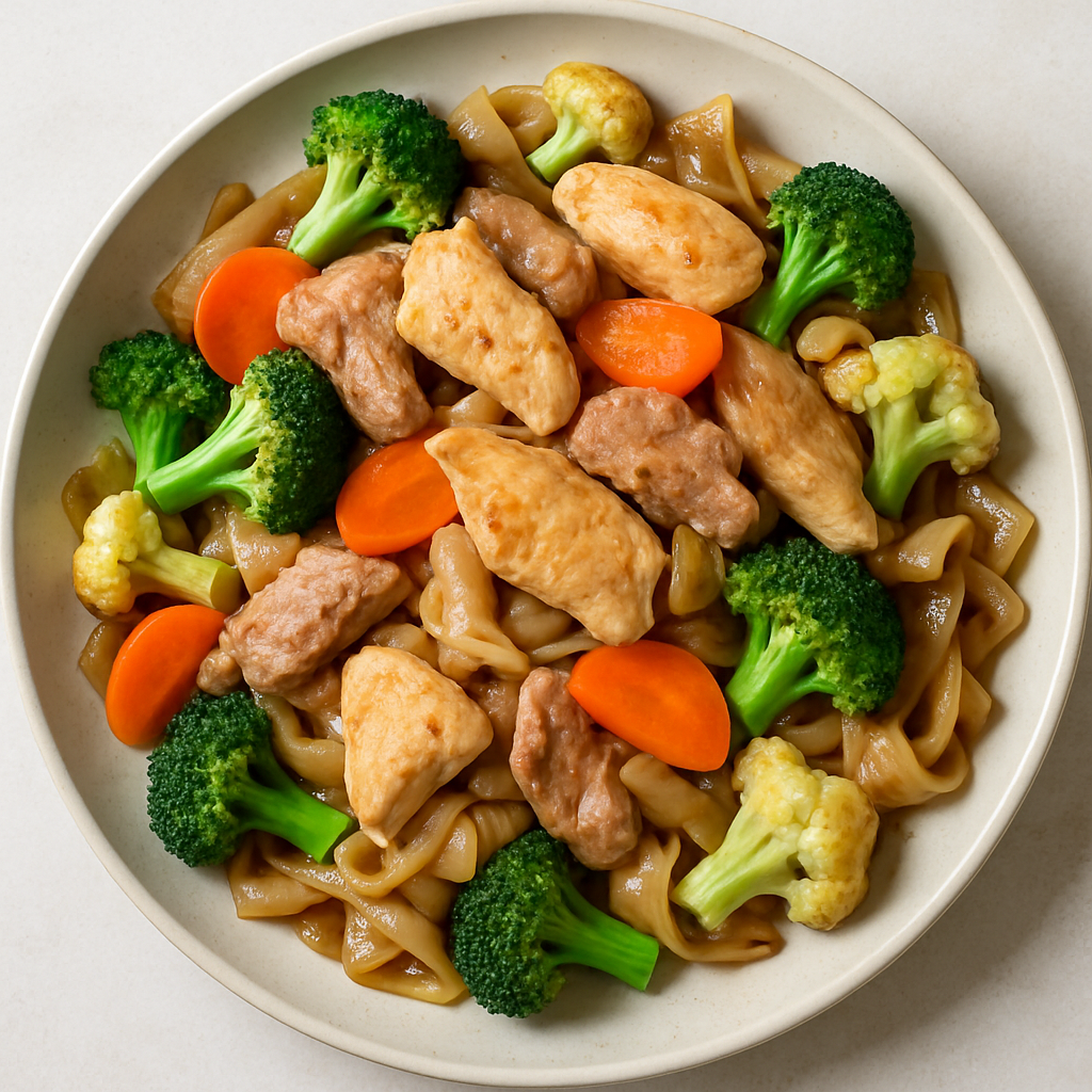 Stir-Fried Ho Fun with Pork, Chicken and Vegetables