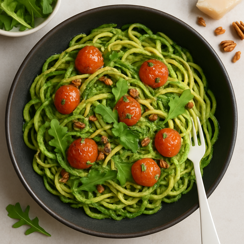 Fideos de Calabaza con Pesto y Tomates Cherry Reventados