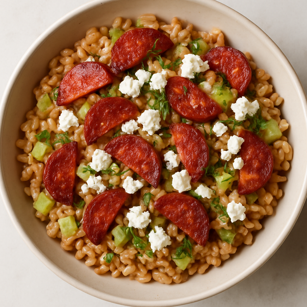 Farro con Chorizo Español, Queso Feta y Eneldo