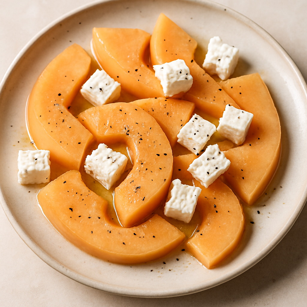 Melón Cantaloupe con Queso Feta y Pimienta Negra