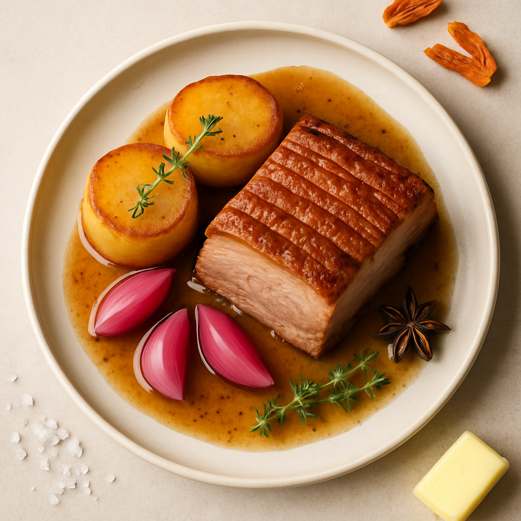 Roast Pork Belly with Fondant Potatoes and Pickled Onions