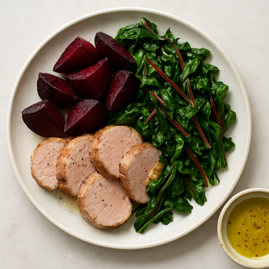 Pork Tenderloin with Roasted Beets and Greens