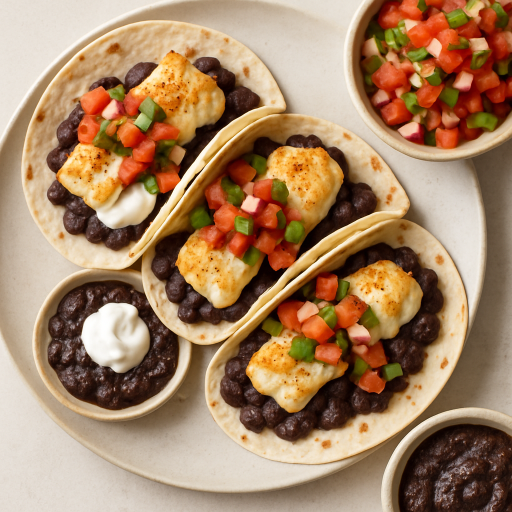 Tacos Suaves de Pescado con Salsa de Pico de Gallo y Frijoles Negros