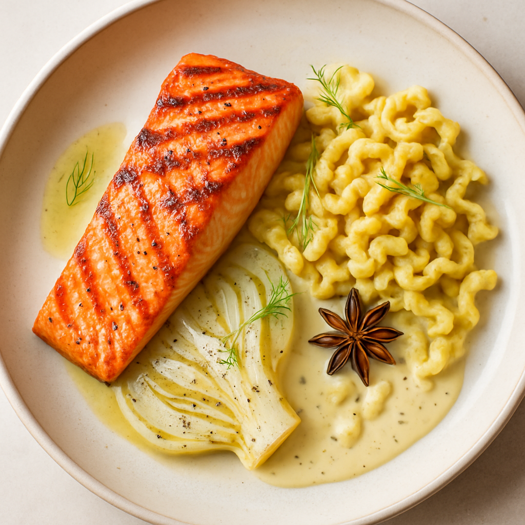 Grilled Salmon With Fennel And Creole Mustard Spaetzle