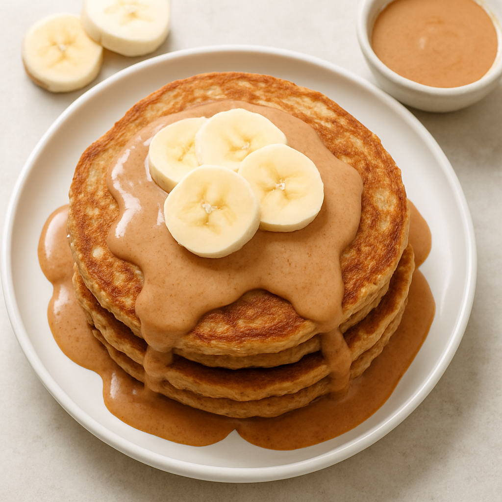 Whole Wheat Banana Pancakes with Cinnamon Peanut Butter Syrup
