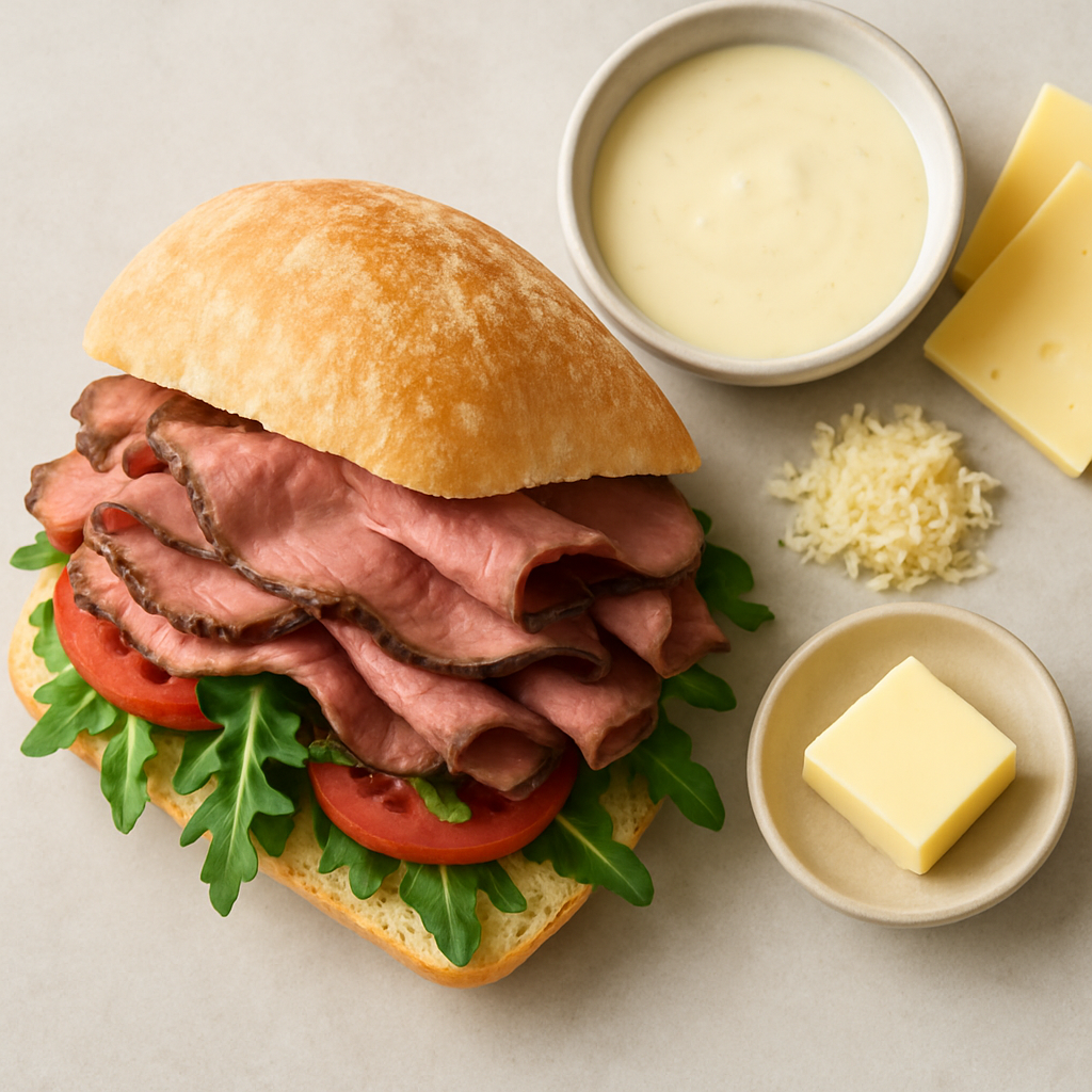 Sándwich de Rosbif Raro con Fondue de Fontina y Rábano Picante