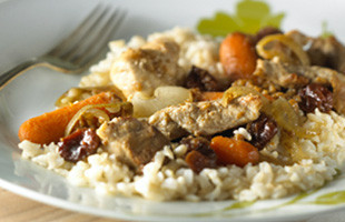 Slow Cooker Pork Stew with Cherries and Apple Juice over Brown Rice