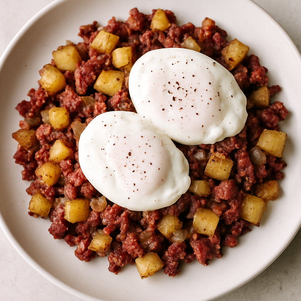 Picadillo de Corned Beef con Huevos Escalfados