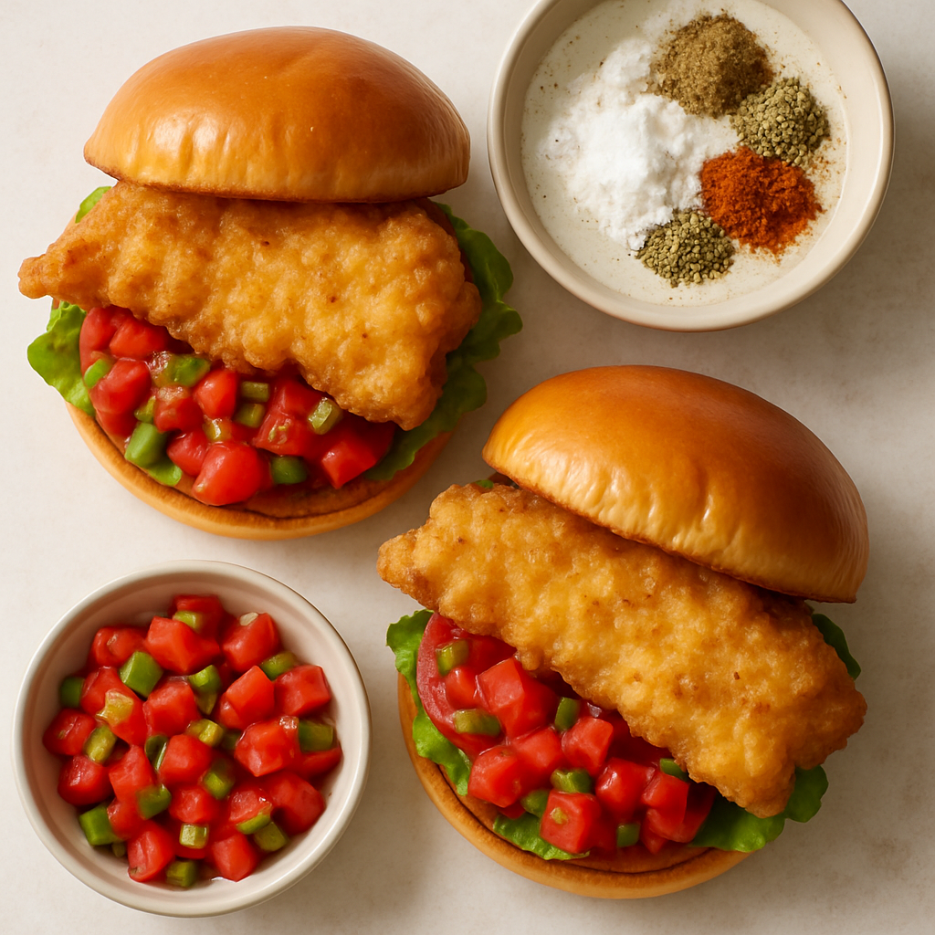 Sándwiches de Pescado Frito con Tomates Picantes de Jalapeño