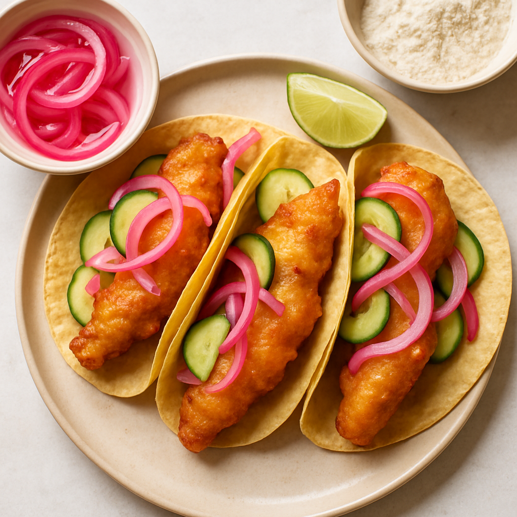 Cerveza-Battered Fish Tacos with Quick-Pickled Onion and Cucumber