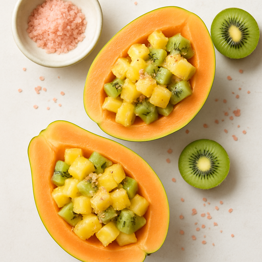Pineapple-Filled Papayas with Kiwi and Hawaiian Pink Sea Salt