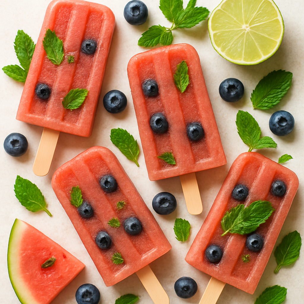 Watermelon-Mint Popsicles with Blueberries