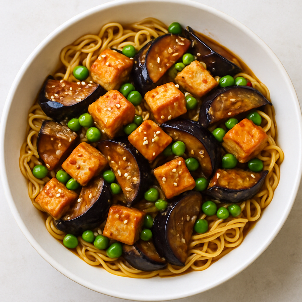 Gingered Tofu, Aubergine & Pea Noodles