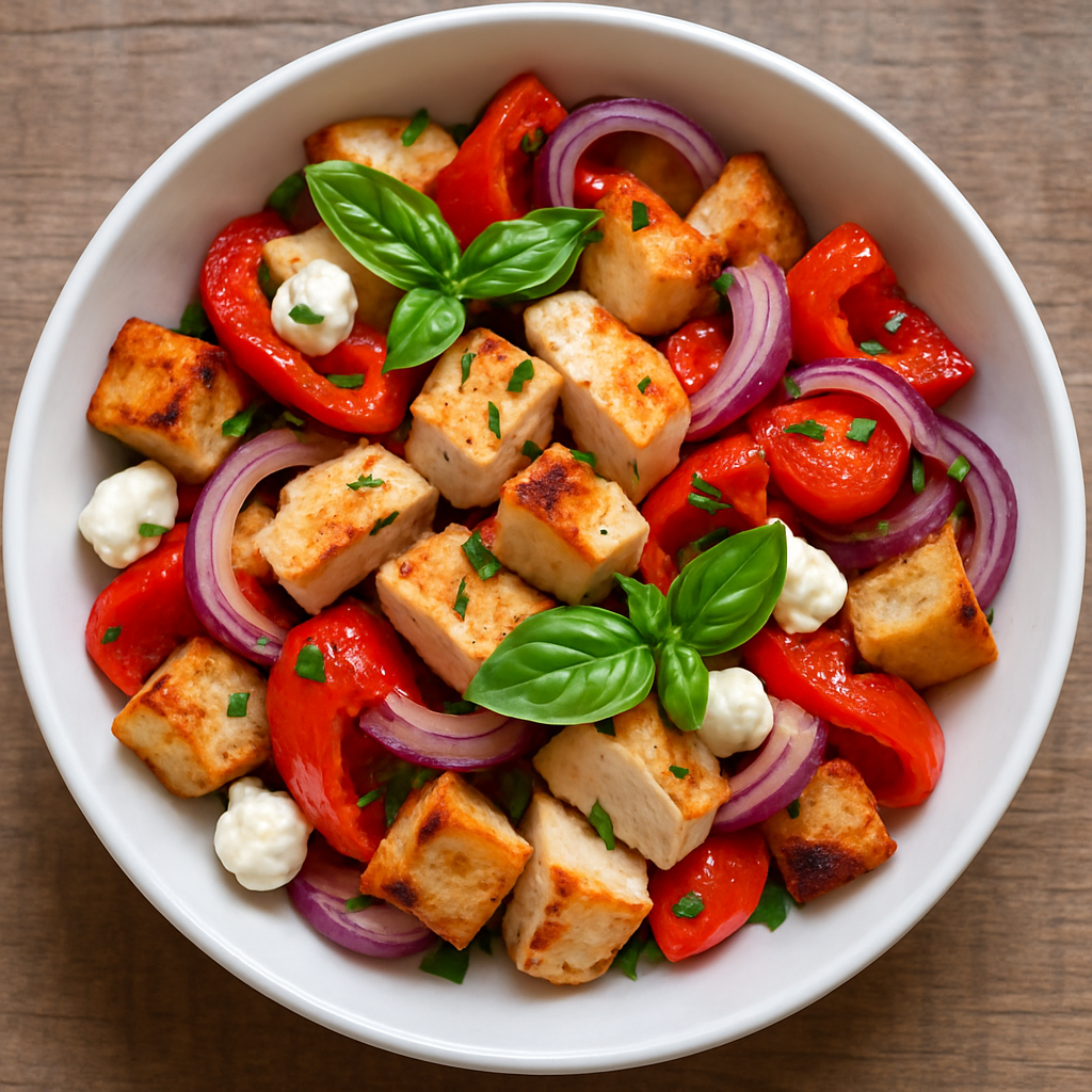 Ensalada de Pan a la Parrilla con Pechuga de Pollo y Verduras de Verano