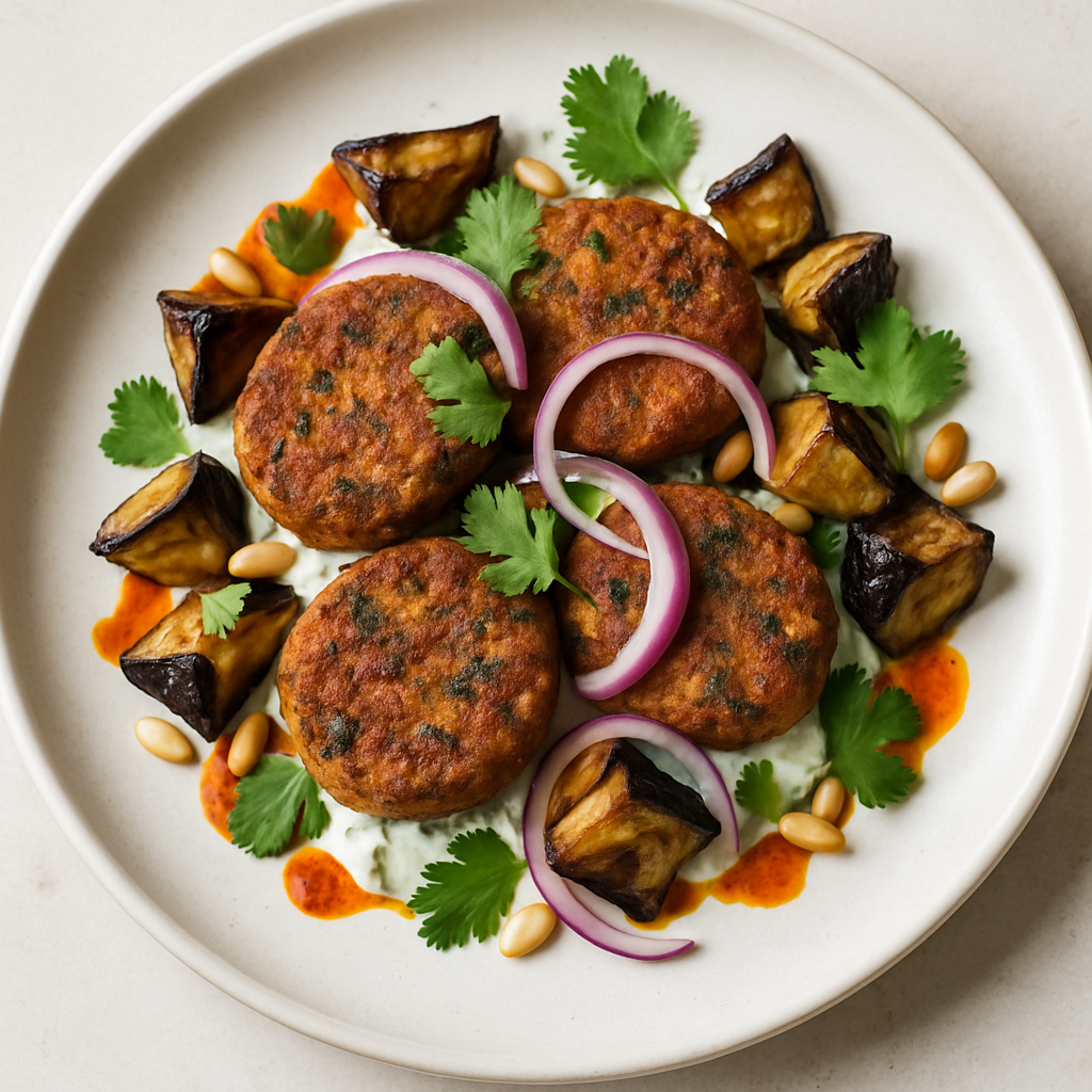 Tempeh Kofte with Roasted Aubergine and Minted Yogurt