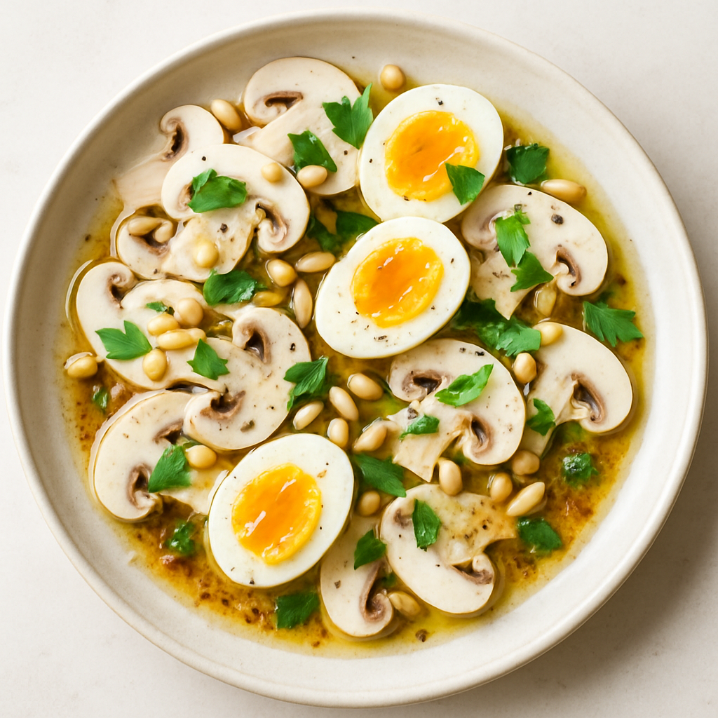 Ensalada de Champiñones Blancos Laminados y Huevo con Salsa Apicius