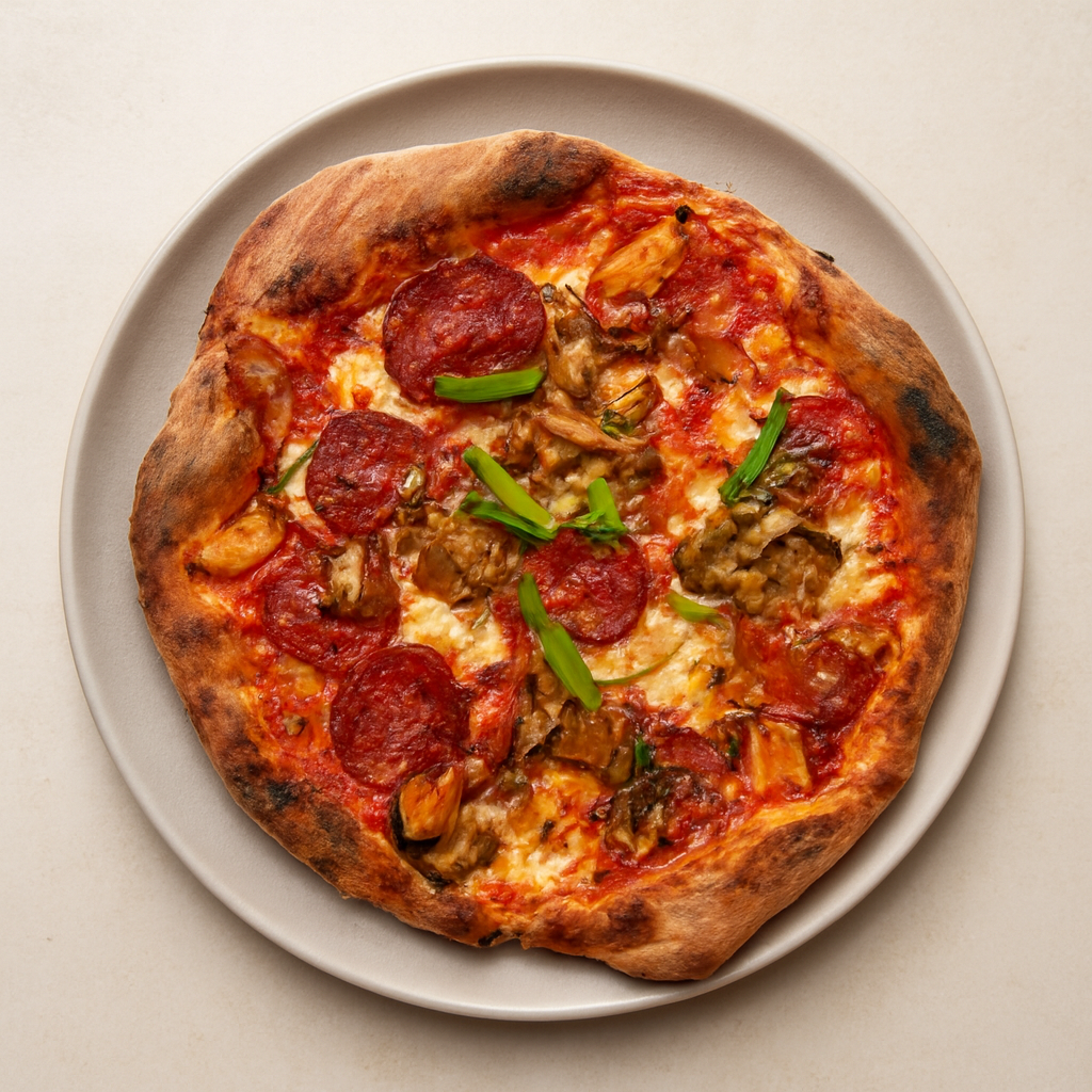 Pizza al Estilo de Nueva York con Kimchi, Soppressata y Champiñones Maitake
