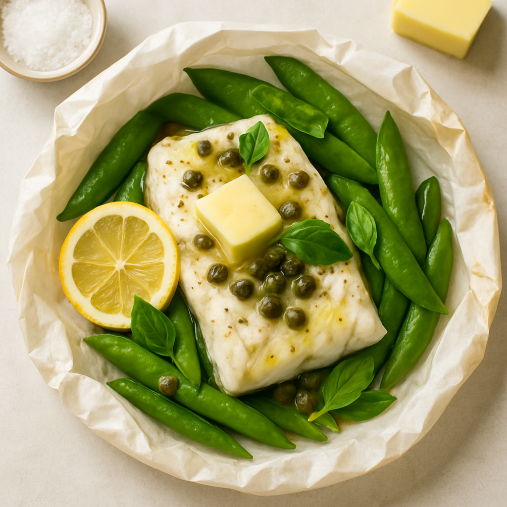 Fish Packets with Caper Butter and Snap Peas