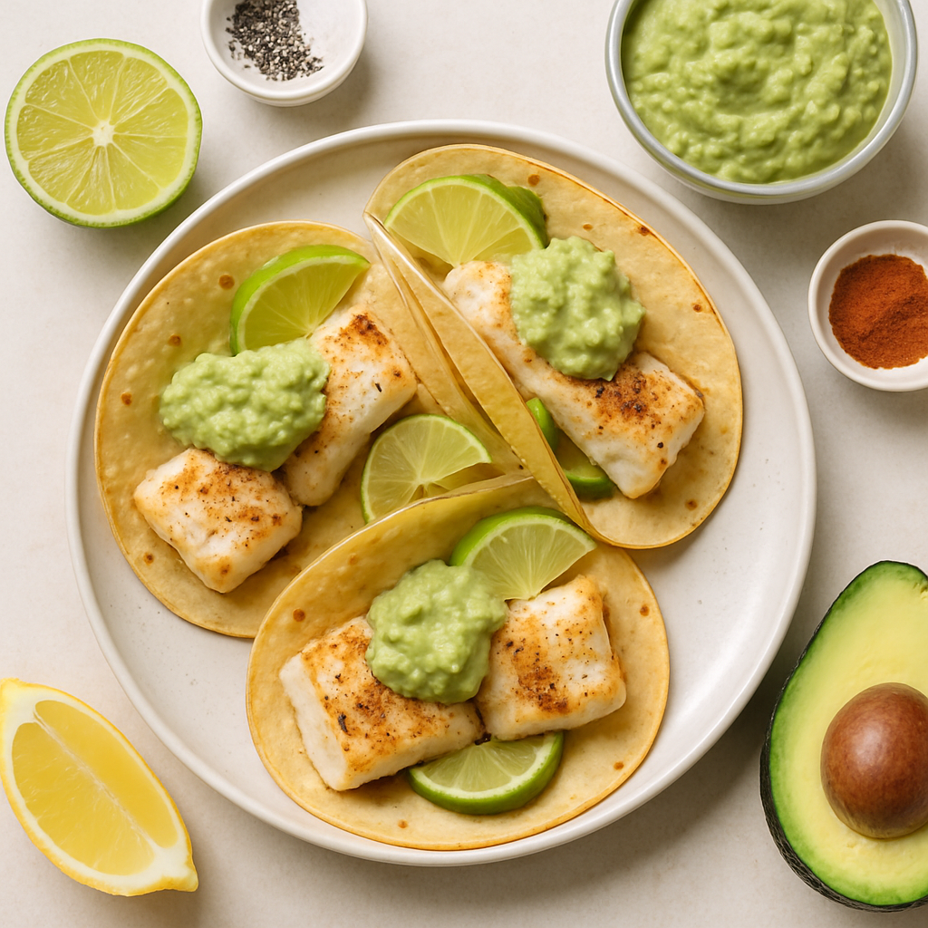 Halibut Fish Tacos with Guacamole Sauce