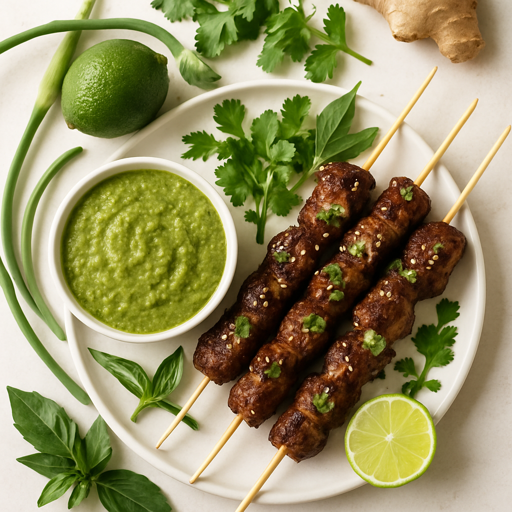 Garlic Scape Beef Satay with Garlic Scape Satay Dip