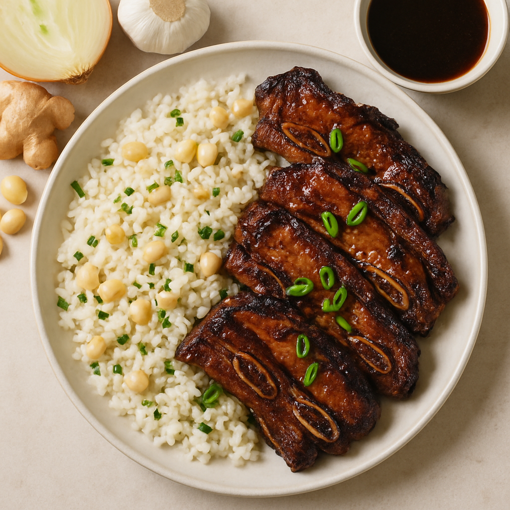 Costillas Kalbi con Arroz de Nueces de Macadamia