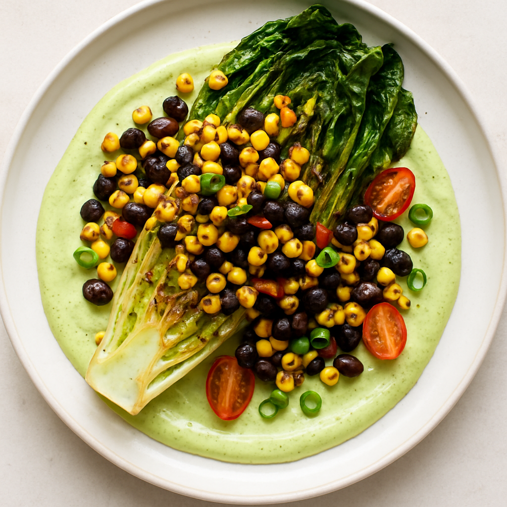 Grilled Romaine Salad with Creamy Avocado Basil Dressing