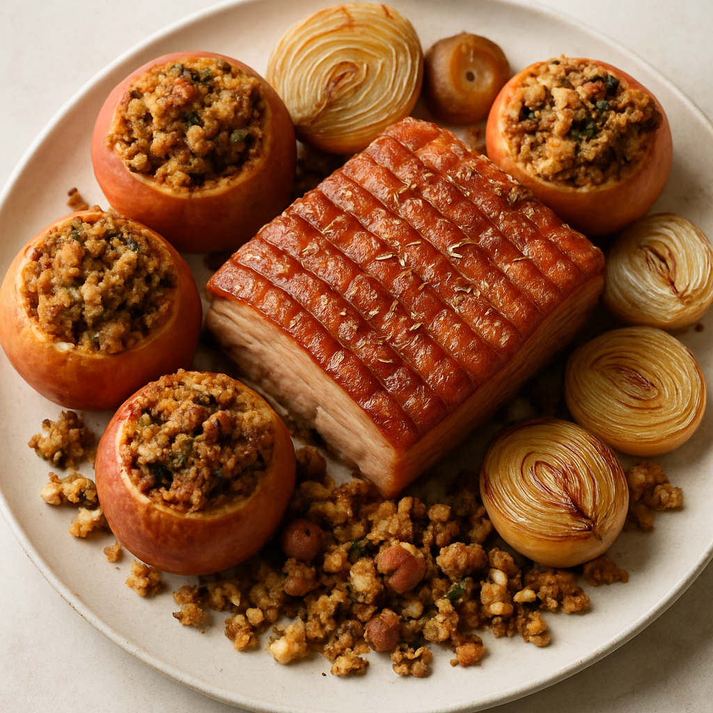 Cerdo Asado Crujiente con Manzanas y Cebollas Rellenas de Salchicha