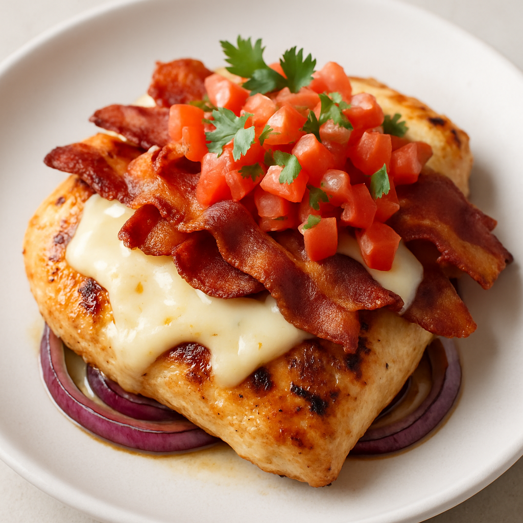 Pollo a la Parrilla con Tocino, Queso Monterey Jack y Pico de Gallo