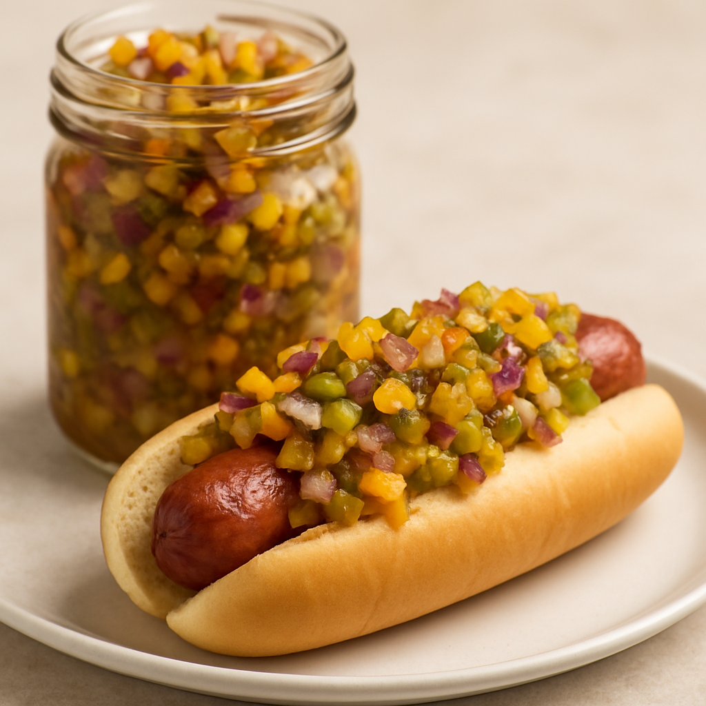 Jambalaya Dog with Holy Trinity Relish